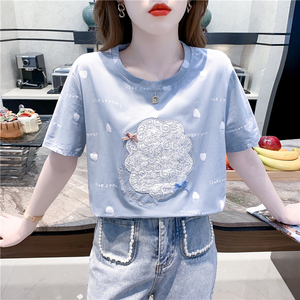 RM7248#纯棉短袖t恤女夏季女装2023年新品印花刺绣宽松半袖慵懒风衣