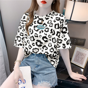 RM7249#豹纹印花短袖t恤女 夏季新款韩版ins设计感宽松洋气百搭上衣