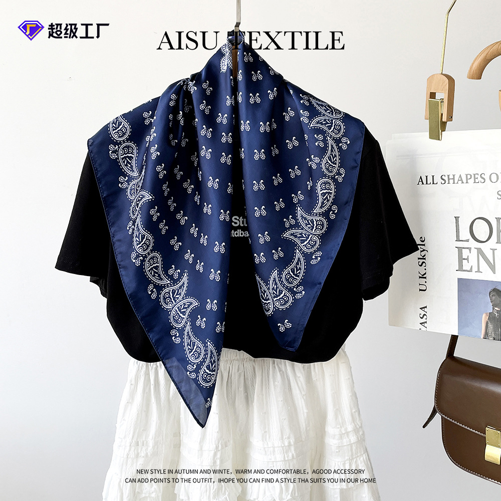 跨境新款感丝巾女欧美蓝色腰果印花围巾小方巾搭配头巾