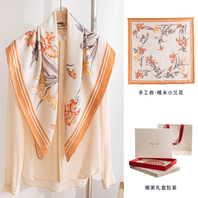 新款小香风围巾山茶花真丝丝巾 桑蚕丝港风复古真丝方巾礼盒装