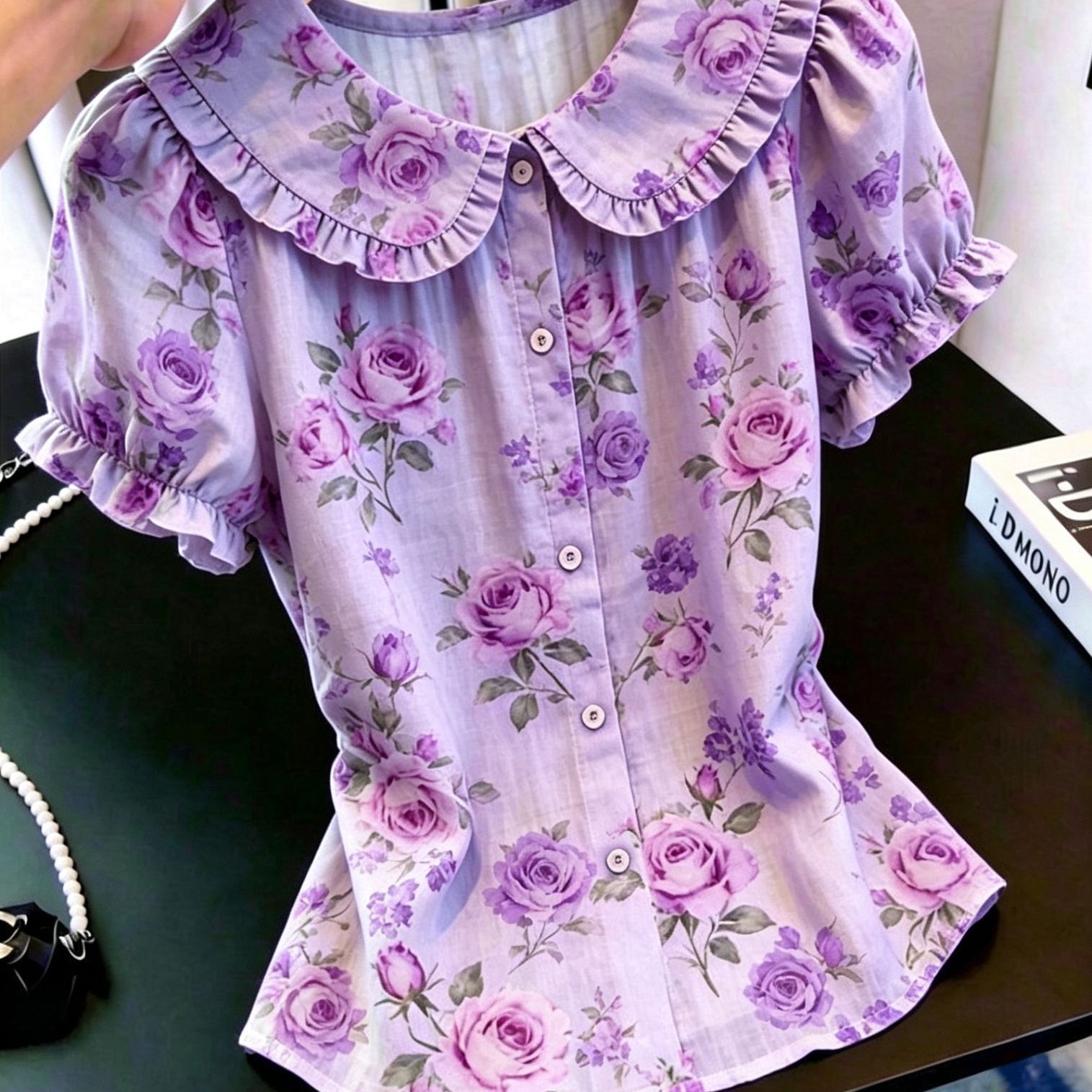 法式紫玫瑰碎花娃娃领显瘦衬衫