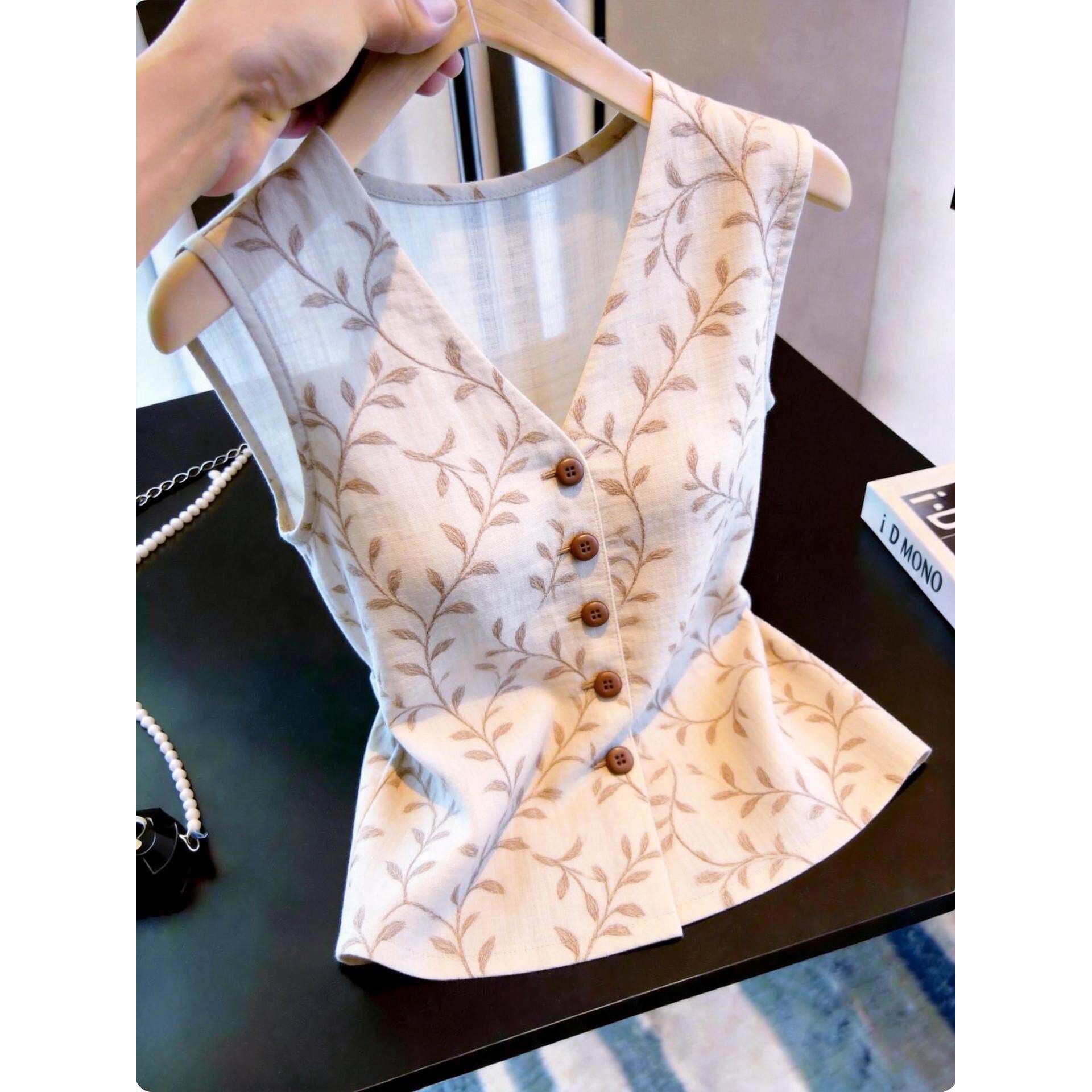 夏季白色印花V领纽扣衬衫女