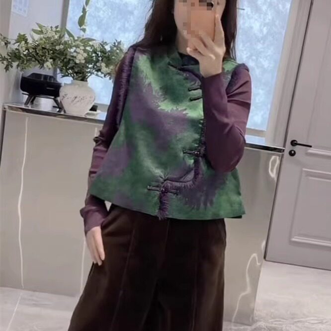 新中式国风毛毛边拼接复古提花夹棉马甲女2025冬高端气质坎肩背心