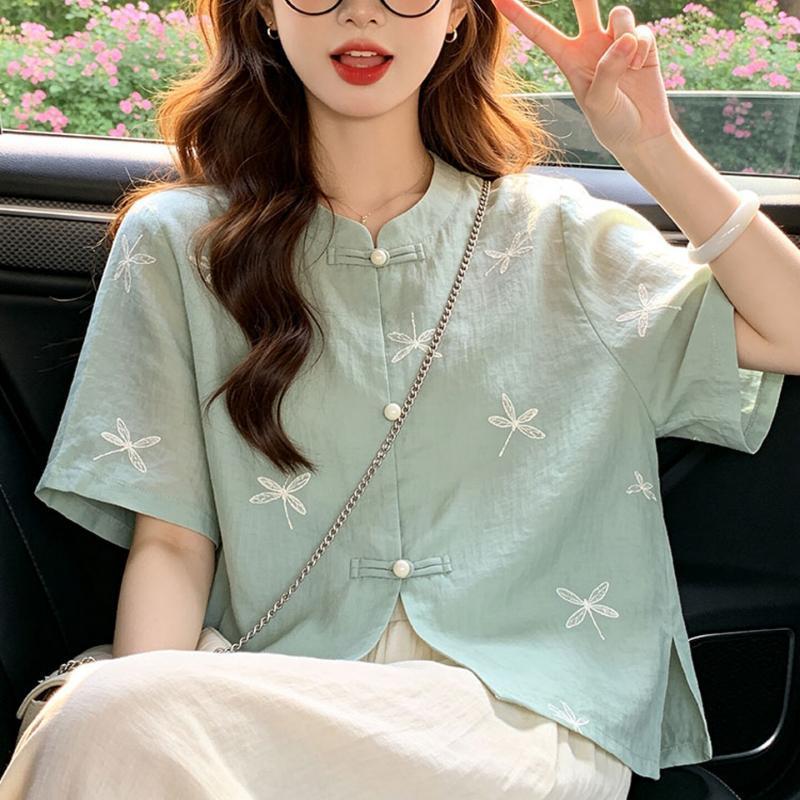 新中式盘扣蜻蜓刺绣女衬衫
