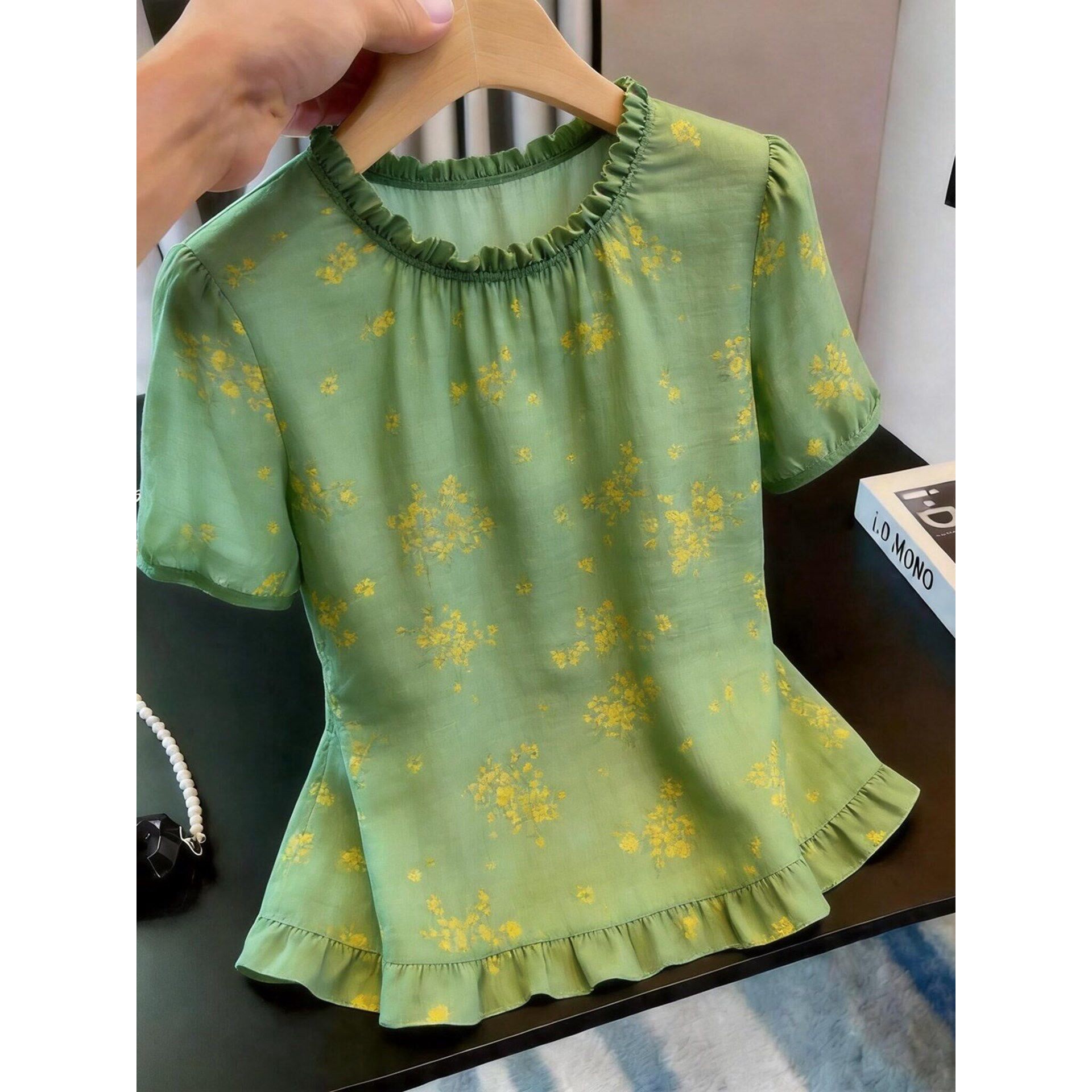 夏季法式碎花荷叶边衬衫女