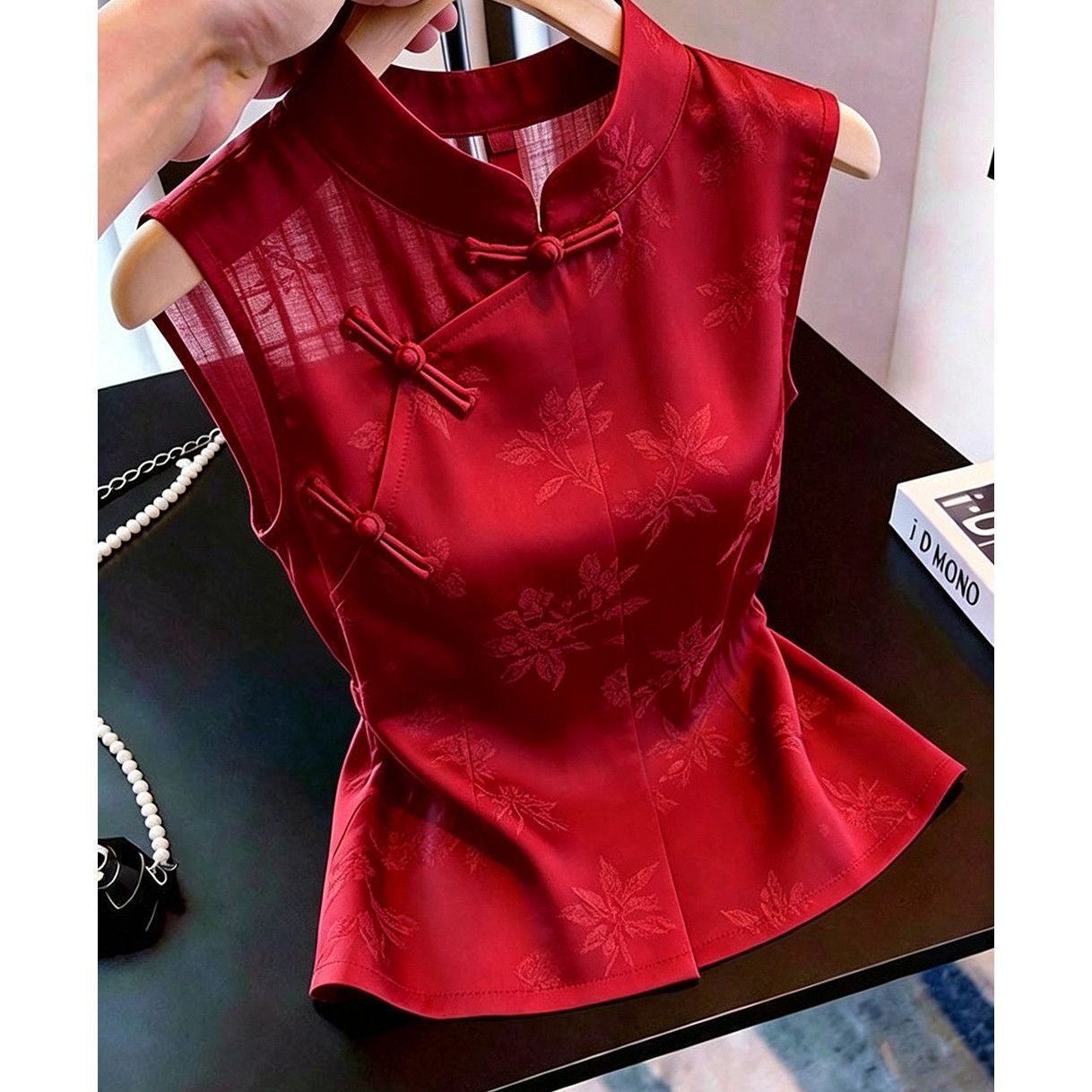 新中式红印花无袖立领盘扣衬衫女
