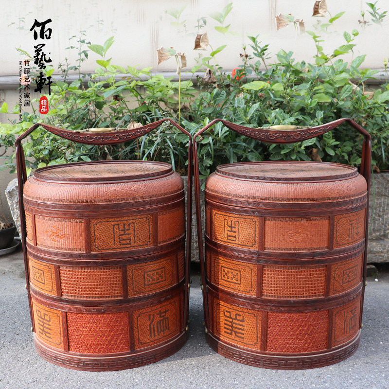 东阳佰艺轩纯手工编织一对三层手提篮婚庆竹编陪嫁篮复古礼篮高档