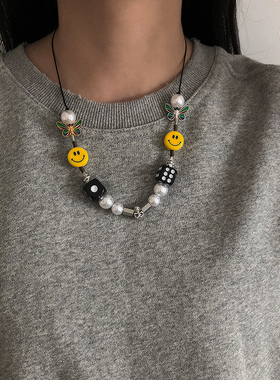 骰子骷髅笑脸珍珠项链男女潮酷ins风嘻哈街头拼接小众设计锁骨链