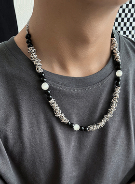 黑色猫眼石项链男ins轻奢小众