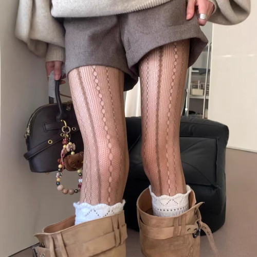 打底袜咖色连裤袜女春秋薄款蕾丝网眼镂空丝袜巴恩风1009k