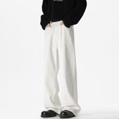 Cleanfit秋冬美式 百搭显高休闲拖地长裤 白色纯棉牛仔裤 直筒微喇版