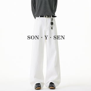 美拉德纯棉白色牛仔裤男女潮牌美式高街复古宽松直筒休闲阔腿裤子