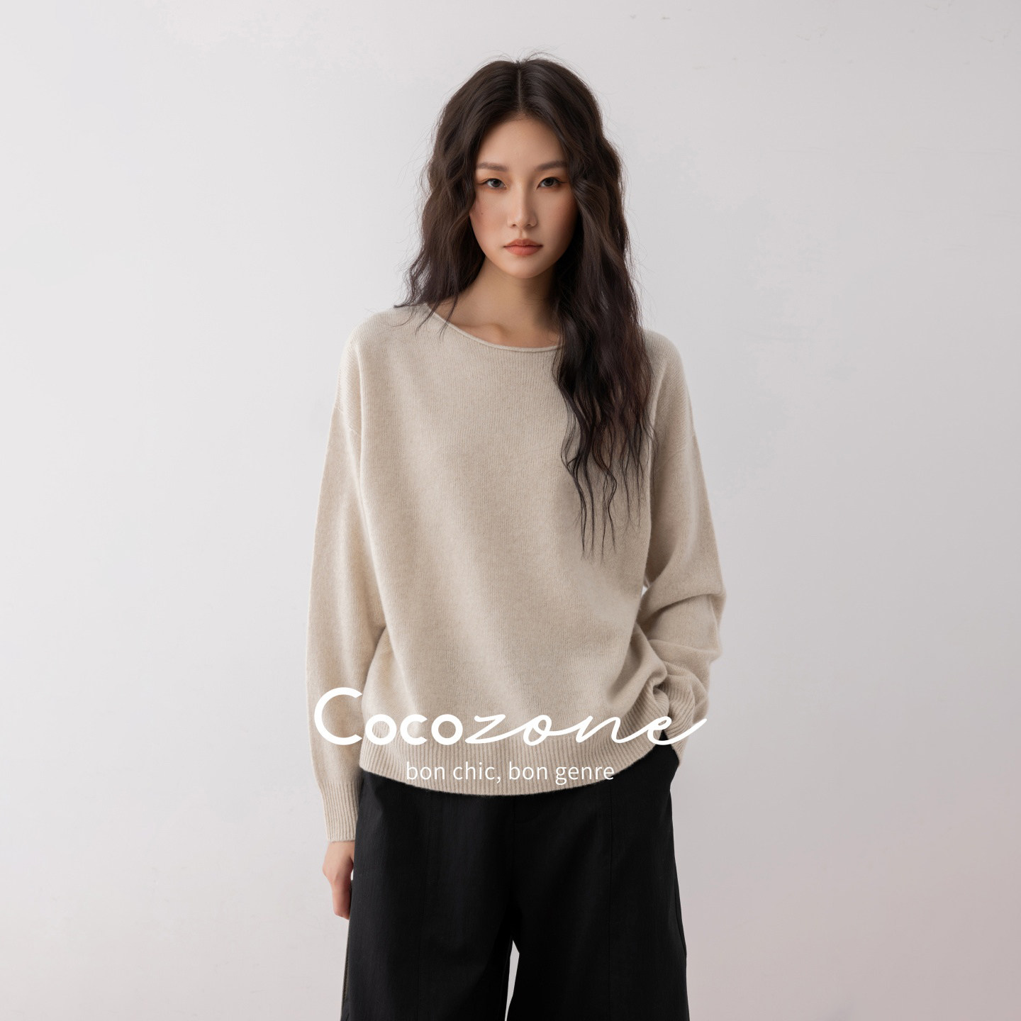 COCO ZONE 刘一一 绵羊毛混纺早秋圆领优雅韩系慵懒针织衫毛衣女