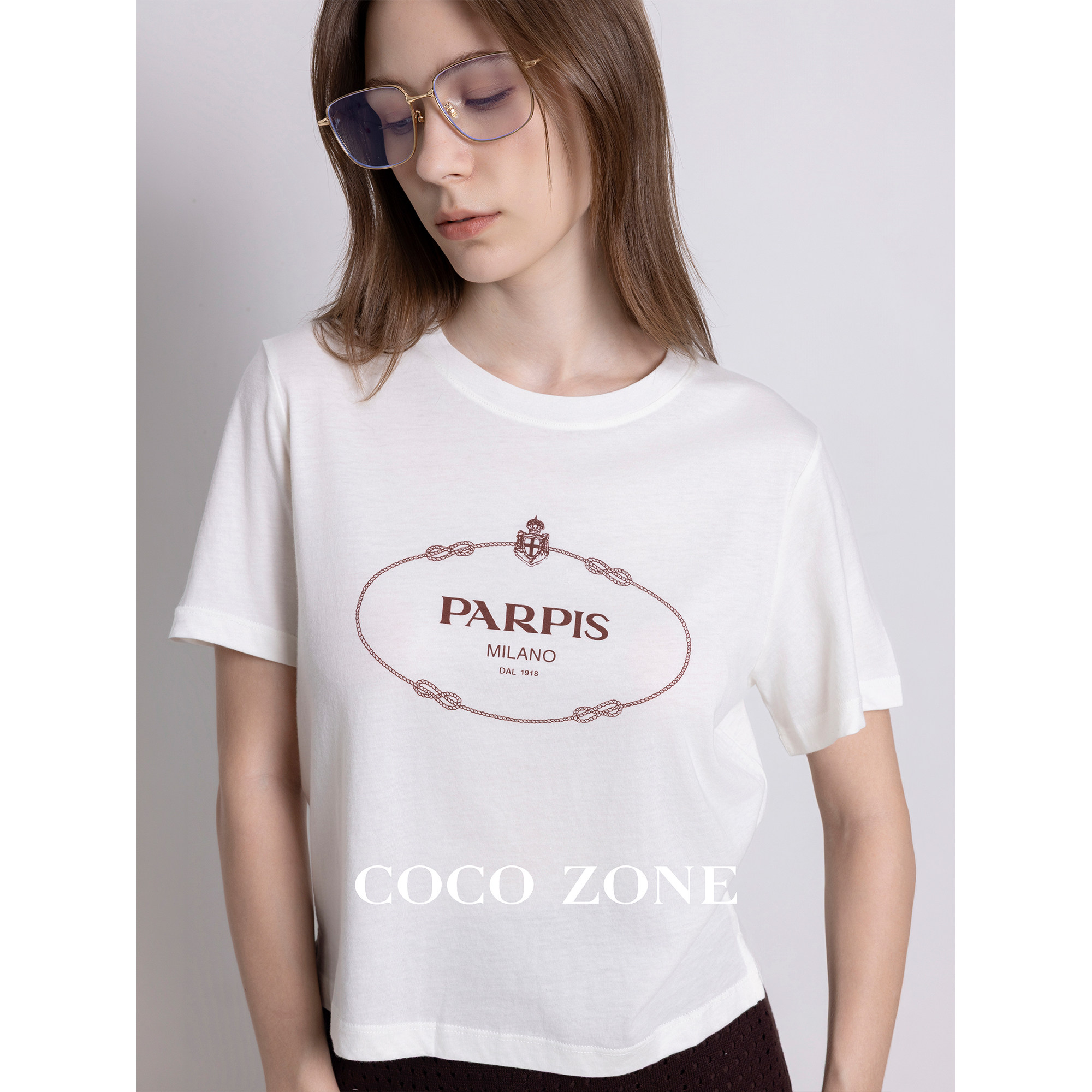 COCO ZONE刘一一夏季新款棉桑蚕丝混纺字母印花直筒圆领短袖t恤女