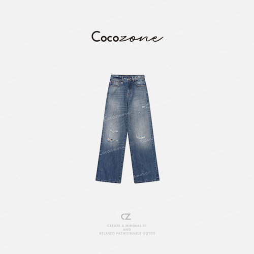 COCO ZONE 刘一一 2025新款100棉新款水洗感破洞美式直筒牛仔裤子