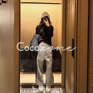 COCO ZONE 刘一一珊瑚绒校服裤秋季侧边条纹柔软高腰阔腿休闲裤女
