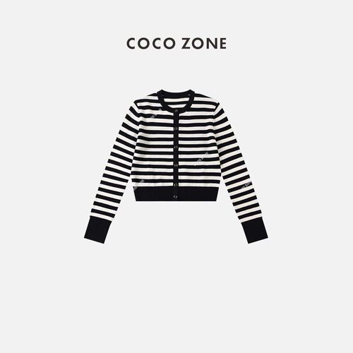 COCO ZONE 刘一一 新款黑白条纹开衫长袖套头针织上衣23C18259