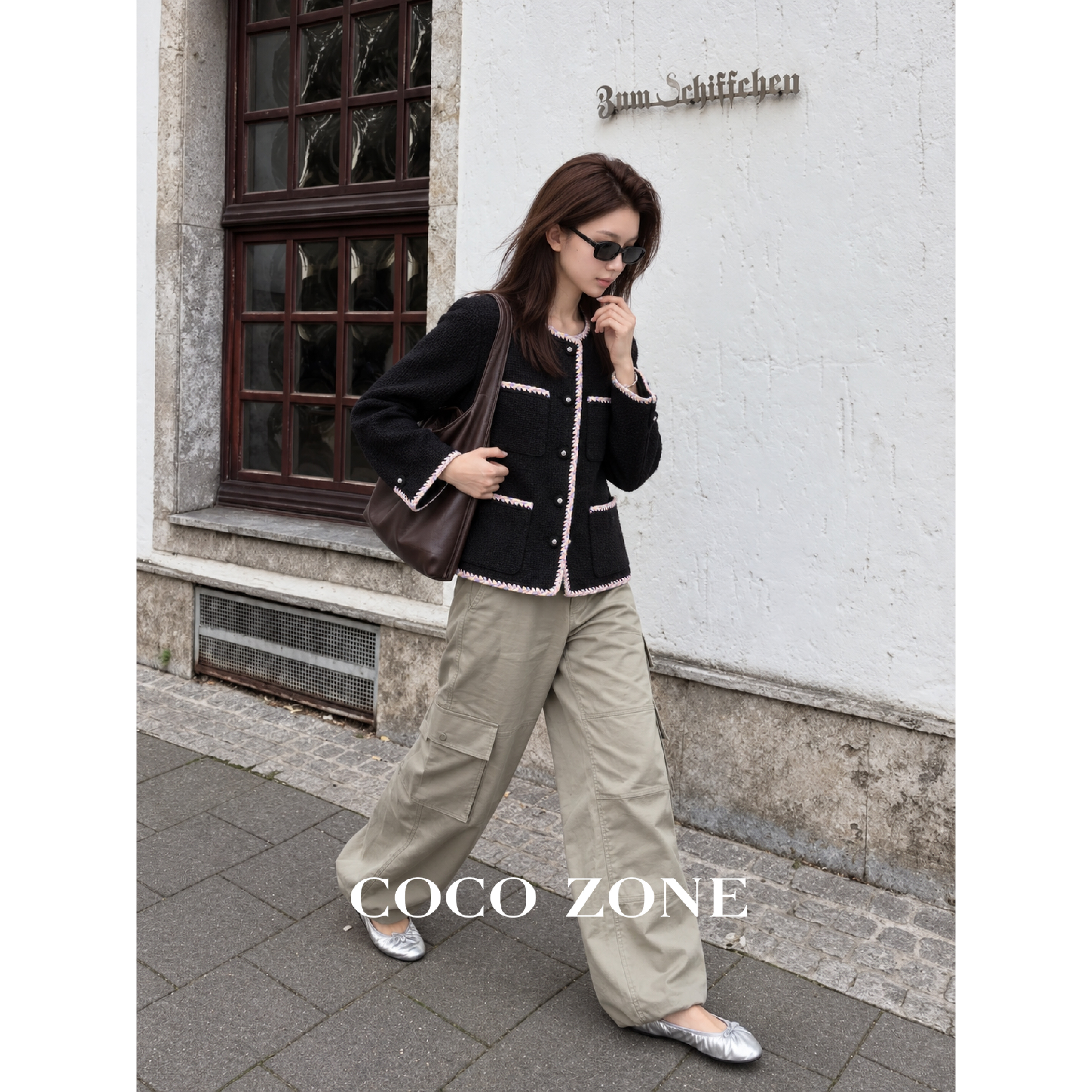 COCO ZONE刘一一小香风撞色边圆领单排扣秋冬新款气质外套上衣女