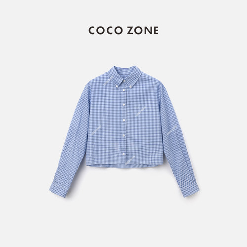 COCO ZONE 刘一一格蓝休闲风格纹一衣多穿可叠穿女士衬衫24C10241