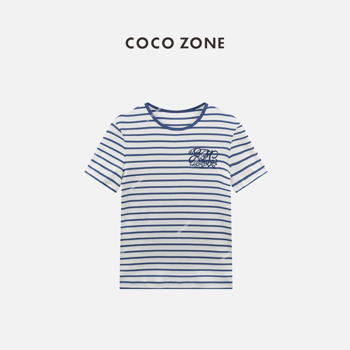 COCO ZONE夏季圆领条纹短袖T恤撞色百搭字母刺绣上衣CC2B0838
