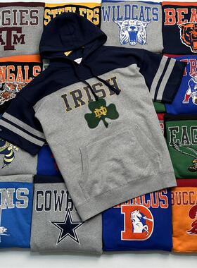 出口美国 美式M&N联名NFL和NCAA男士连帽加绒短袖T恤 贴布绣队标