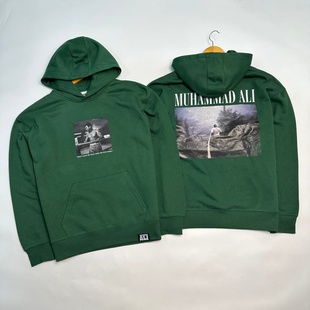 外贸尾货 拳王阿里男士连帽加绒卫衣 前后做旧画像LOGO袋鼠兜上衣