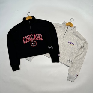 外贸尾货 北美潮牌女士短款半拉链加绒卫衣 万针刺绣LOGO大码上衣