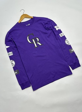 断码处理 美国NE全棉圆领长袖T恤紫色洛基队休闲胶印印花队标LOGO
