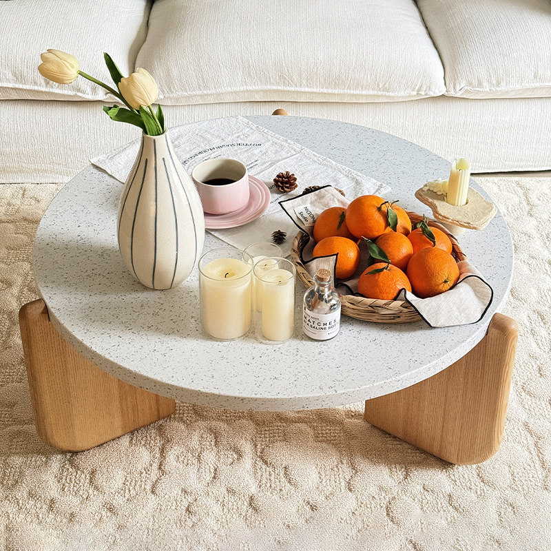 现代简约圆形茶几大理石台面白蜡木卯榫工艺设计师款客厅咖啡桌