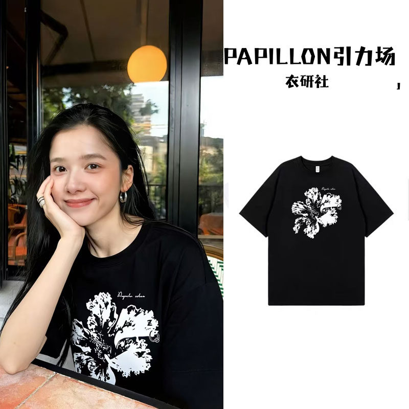 张婧仪同款黑色花朵印花短袖t恤女夏季宽松休闲纯棉慵懒风百搭衣
