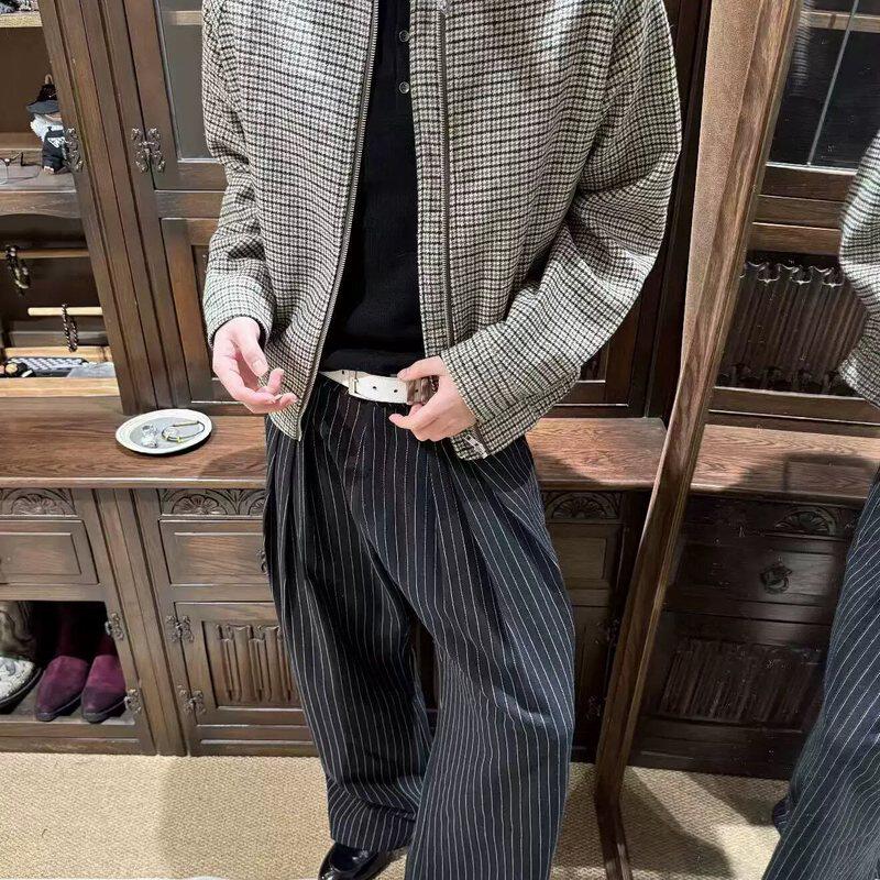 FOBSOM猎装千鸟格麂皮绒拼接夹克外套威尔士亲王老钱复古立领上衣