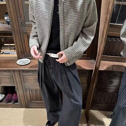 FOBSOM猎装千鸟格麂皮绒拼接夹克外套威尔士亲王老钱复古立领上衣
