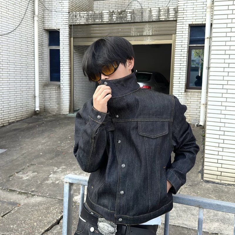 FOBSOM不规则门襟13oz未脱浆原牛夹克短款宽松男女款立领牛仔外套