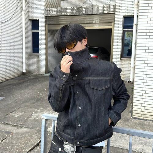 FOBSOM不规则门襟13oz未脱浆原牛夹克短款宽松男女款立领牛仔外套