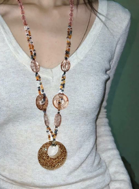 部落民族豹纹串珠长款项链