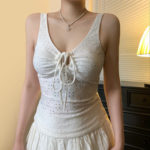 H家欧美女装 纯欲小众系带提花镂空纯色吊带复古辣妹性感外穿上衣