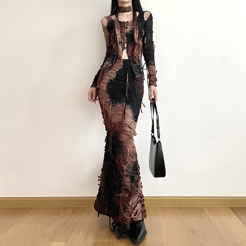 h家欧美女装 末世废土风不规则流苏印染鱼尾半身裙破烂设计长裙潮