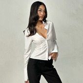 H家欧美女装 officelady高智感纯色掐腰衬衫 简约气质基础排扣上衣