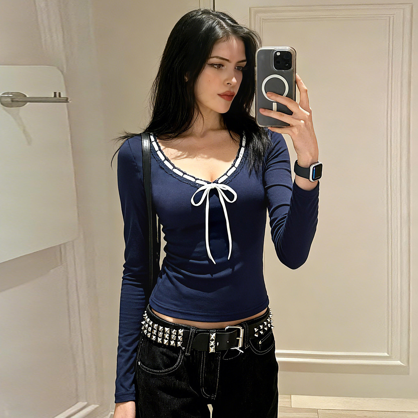 法式复古撞色蝴蝶结系带T恤