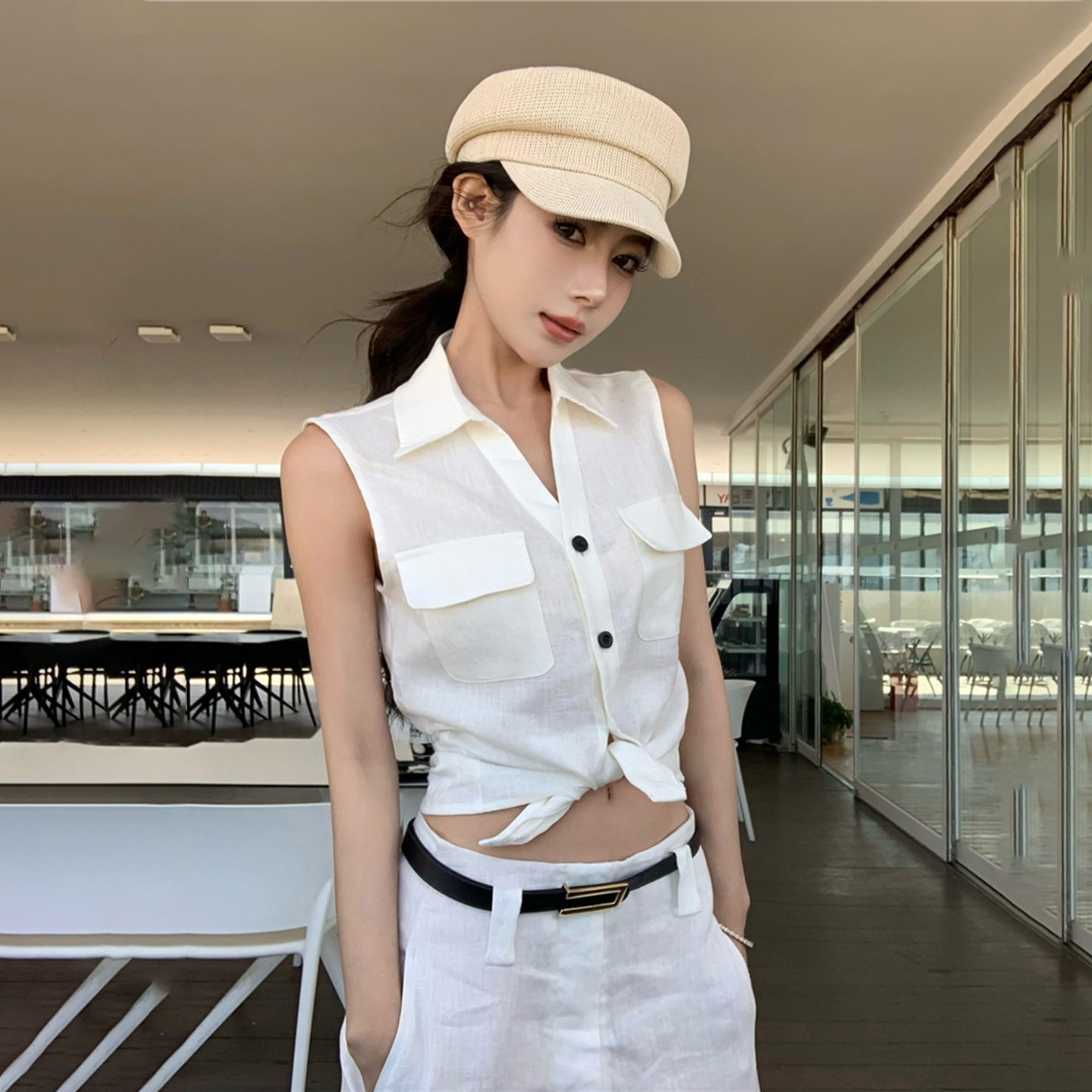 H家欧美女装 chill老钱风口袋翻领排扣无袖衬衫女纯色亚麻V领背心