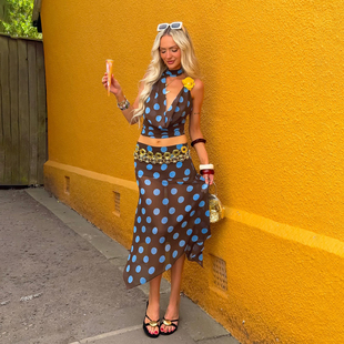 H家欧美女装 假日蓝棕色波点挂脖吊带性感辣妹深V荡领短上衣 法式