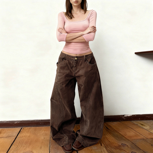 辣妹显瘦弯刀裤 美式 西部街头百搭基础低腰棕色牛仔裤 H家欧美女装