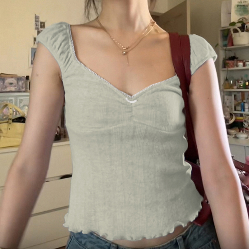 bm提花针织木耳边短袖小T恤女