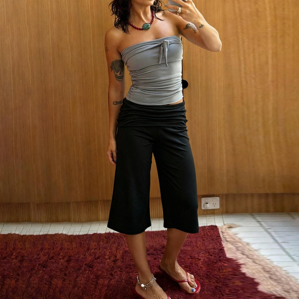 H家欧美女装 慵懒休闲翻边腰头居家中裤女运动百搭宽松垂感七分裤