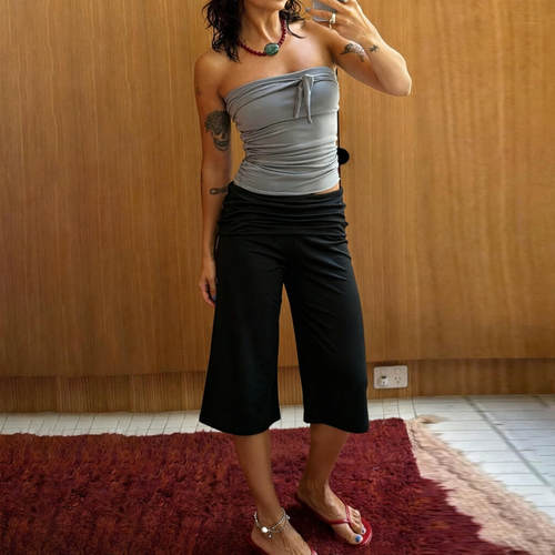 H家欧美女装 慵懒休闲翻边腰头居家中裤女运动百搭宽松垂感七分裤