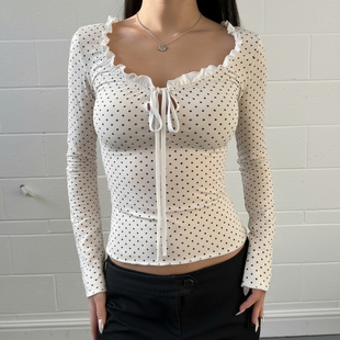 短T恤 简约木耳边圆领系带波点上衣纯欲少女修身 H家欧美女装 法式