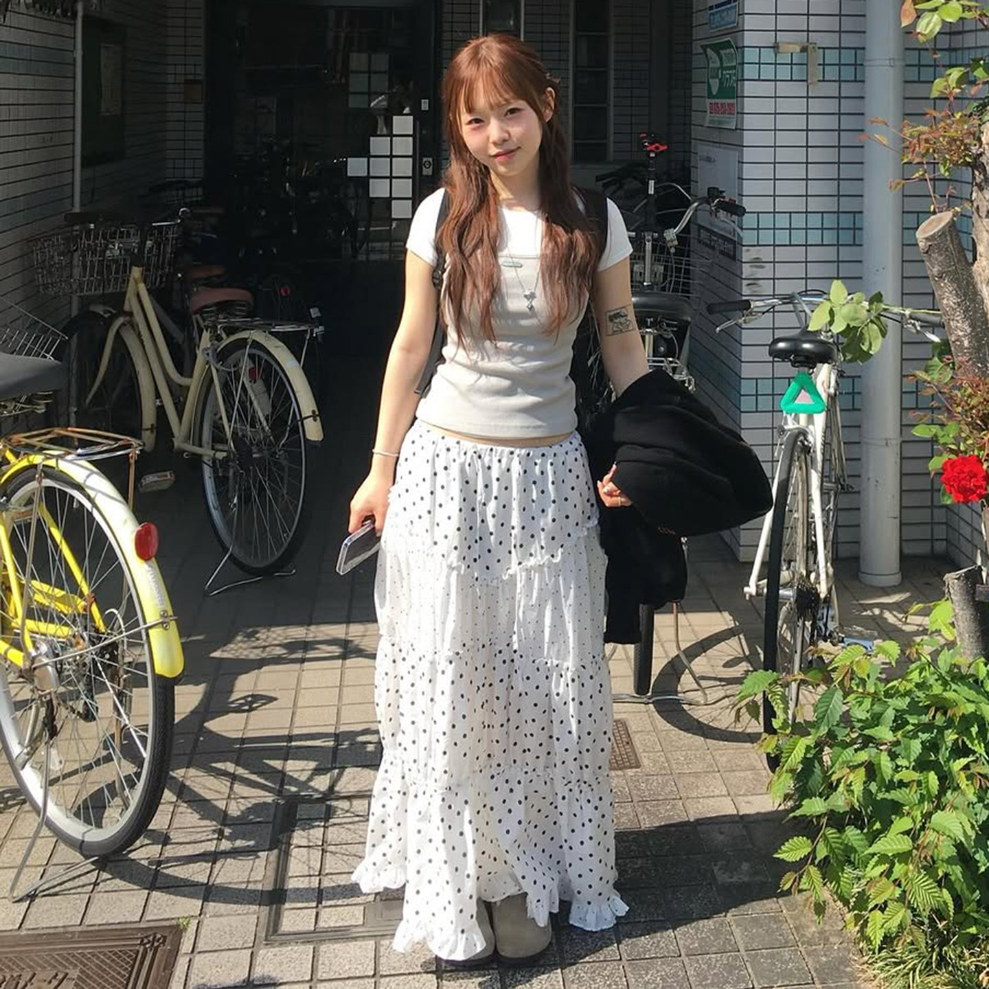 韩系ins荷叶边波点拼接白色半裙