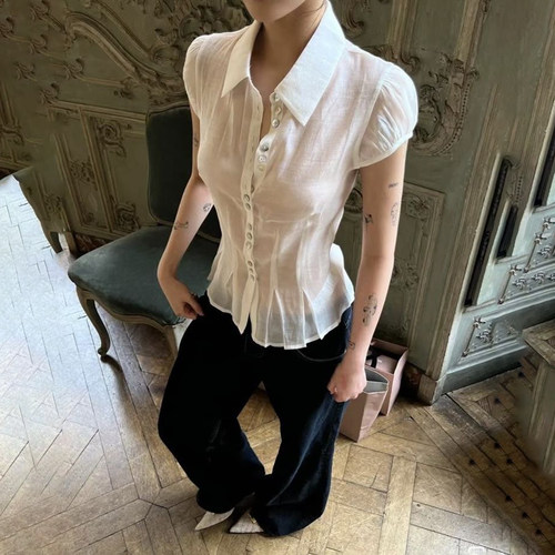 H家欧美女装 asa同款轻薄透视排扣掐腰衬衫泡泡袖设计Polo领上衣