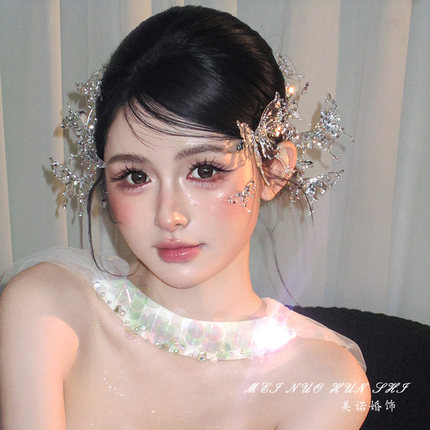 氛围感新娘灵动边夹森系甜美银色水凝蝴蝶高级感主婚纱礼服头饰