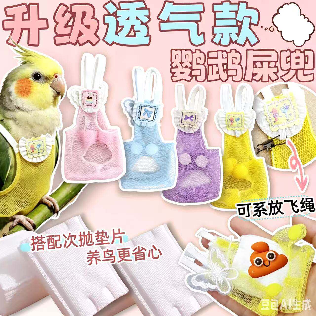 鹦鹉屎兜透气网纱防漏尿裤玄凤牡丹虎皮可水洗夏季外出鹦鹉飞行服